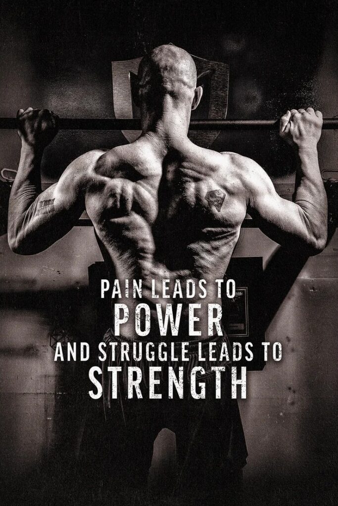 Motivational canvas of a man lifting weights with the text PAIN LEADS TO POWER AND STRUGGLE LEADS TO STRENGTH. 