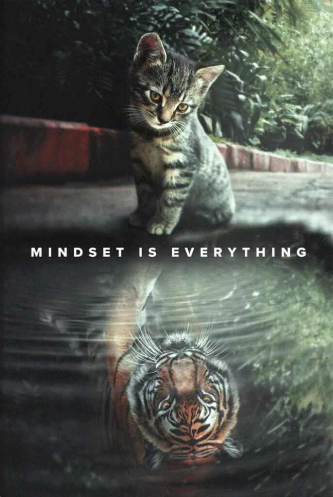 A kitten looks down at its reflection in the water. It sees a fierce tiger. "Mindset is everything," the canvas reads. 