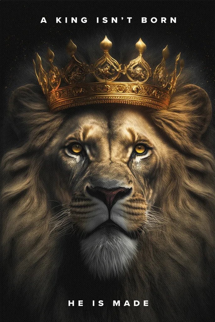 A lion poster that reads "A king isn't born. He is made."