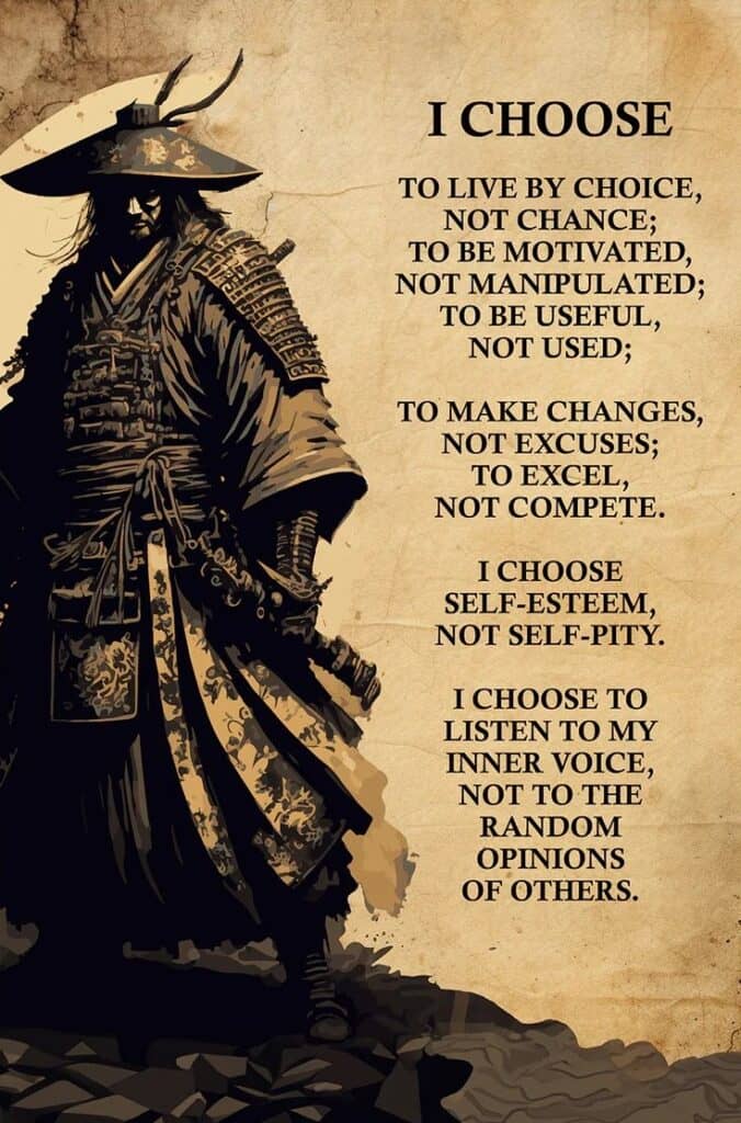A shielded samurai stares into the viewer. To his side, a motivational poem is written. 