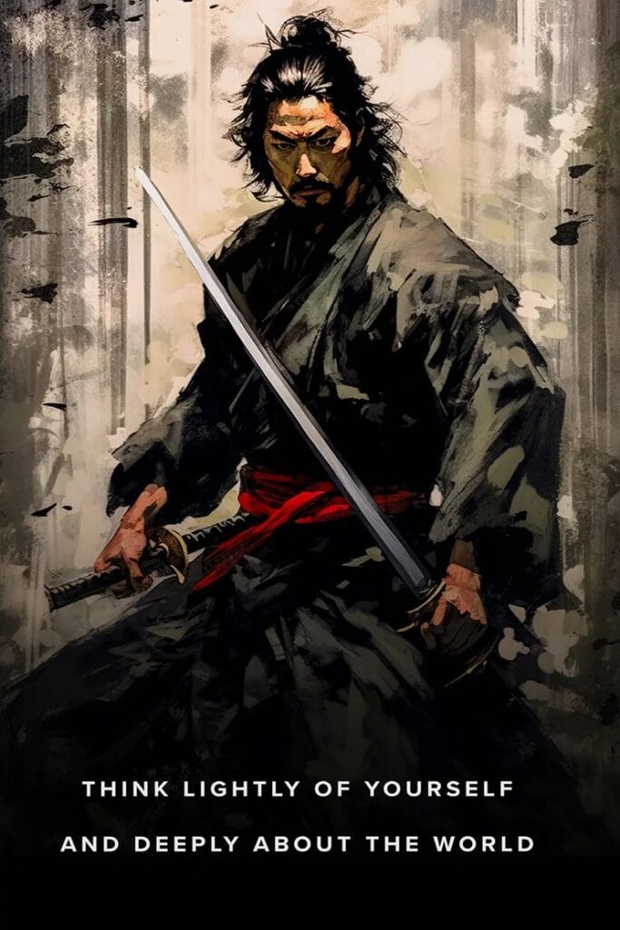 A samurai stares at the camera. Underneath him, it states: THINK LIGHTLY OF YOURSELF AND DEEPLY ABOUT THE WORLD.