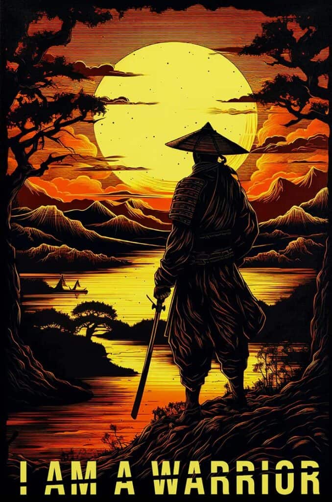 A samurai overlooks water. Below him is the text I AM A WARRIOR. 