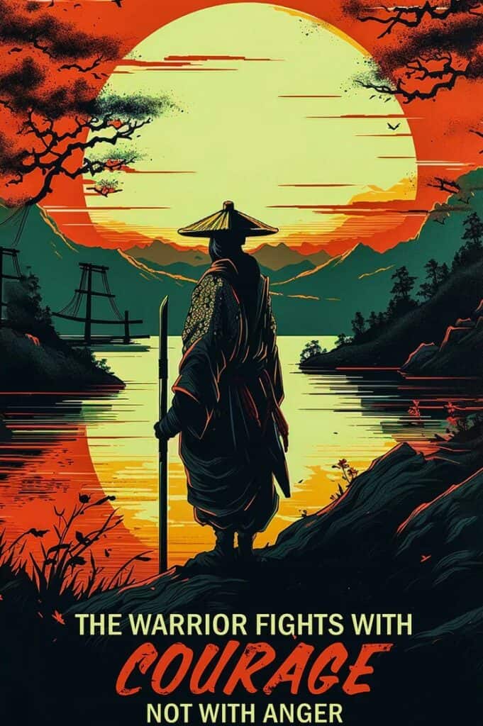 The back of a samurai is pictured as he overlooks the water. Below him is written: A WARRIOR FIGHTS WITH COURAGE NOT WITH ANGER. 